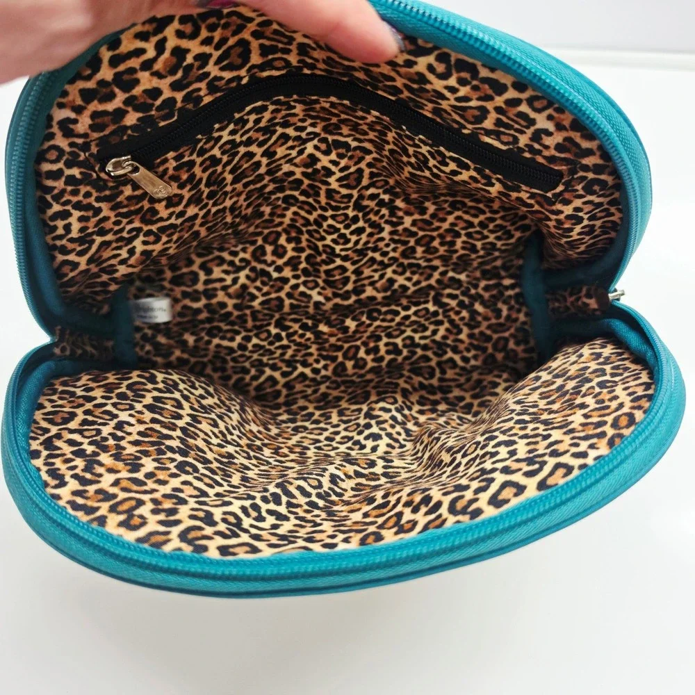 Brighton Makeup Bag Women Medium White Teal Jewelry Heart Love Leopard Print